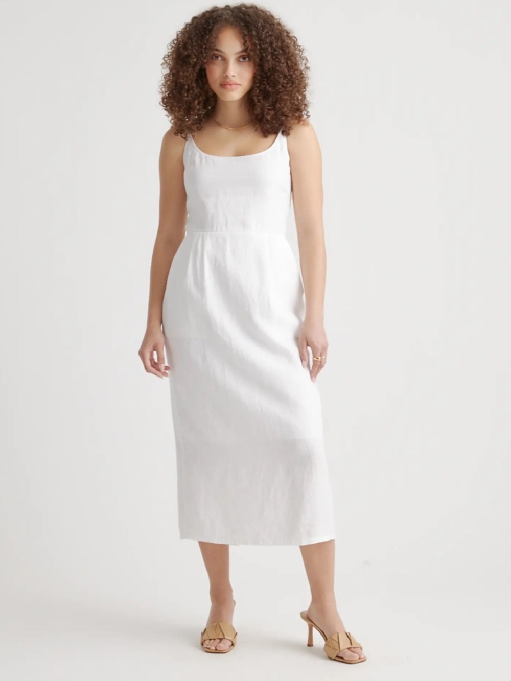 Quince White 100% European Linen Scoop Neck Midi Dress